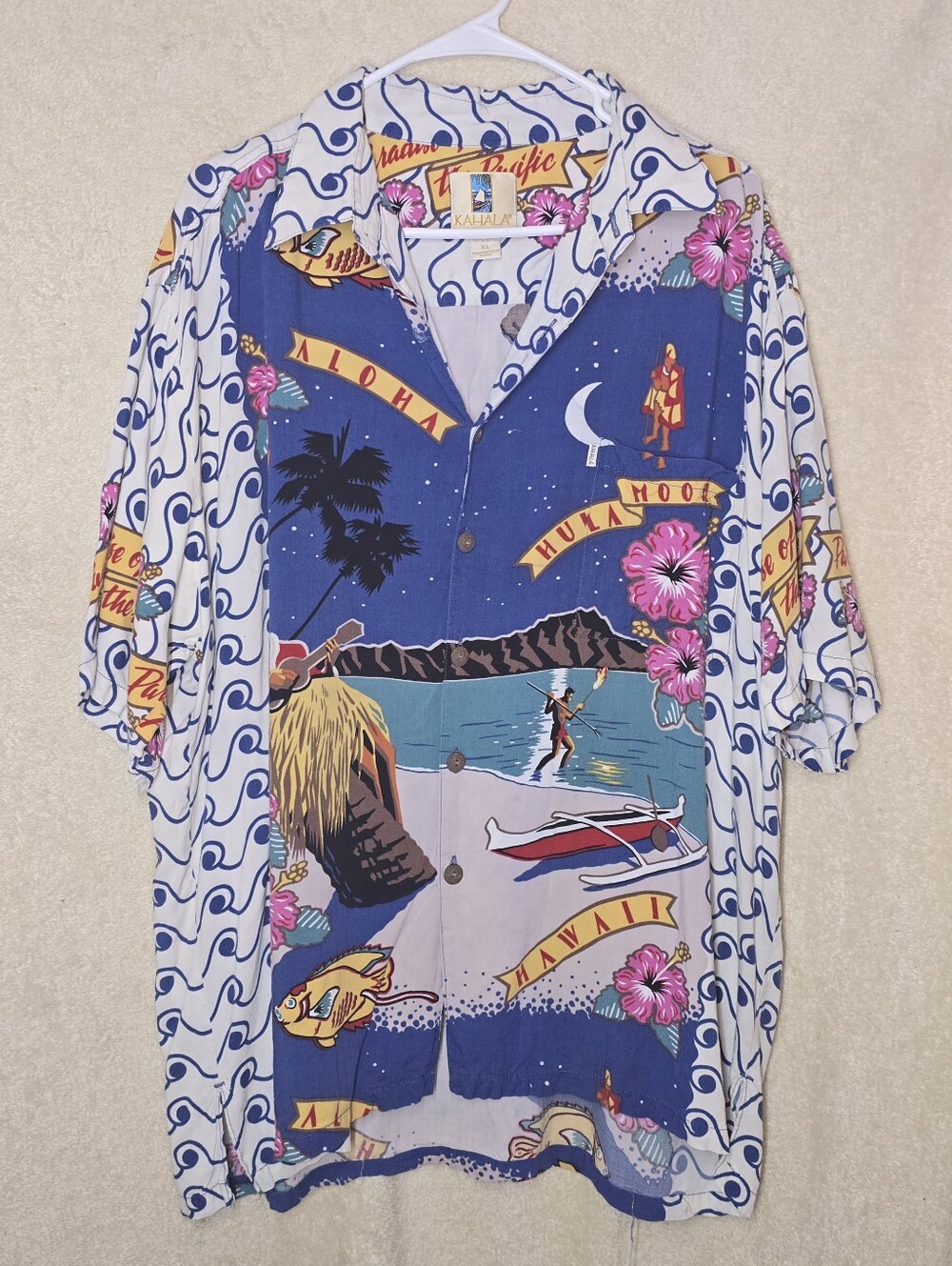 Men's Vintage Kahala Hawaiian Button Down Shirt Scenic "Map of Hawaiian Islands"